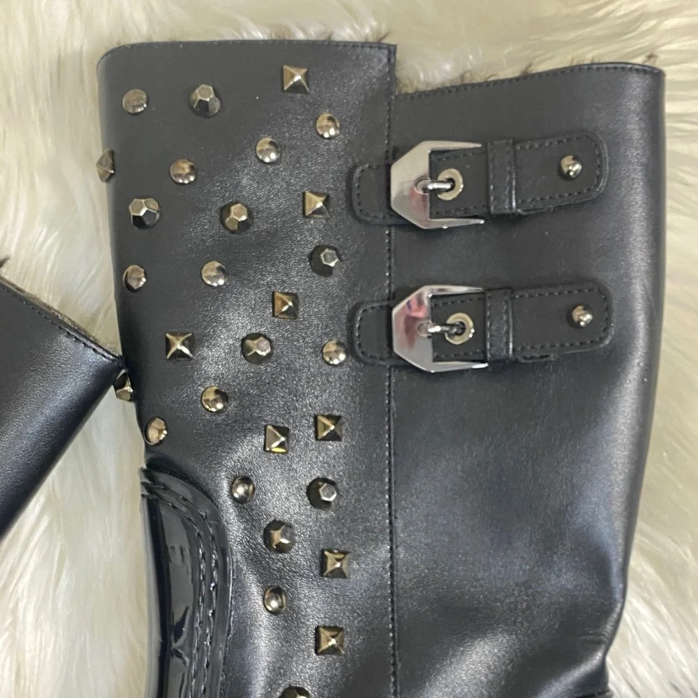 Stuart Weitzman Loverain Leather Black Studded Faux Fur Lined Boots - Picture 7 of 16
